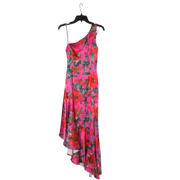 NWT Eliza J Petite Floral Satin Asymmetric-Hem Midi Dress Pink Multicolor Size 6 - Picture 7 of 9